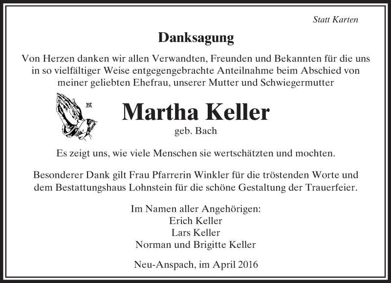  Traueranzeige für Martha Keller vom 30.04.2016 aus  Usinger Anzeiger