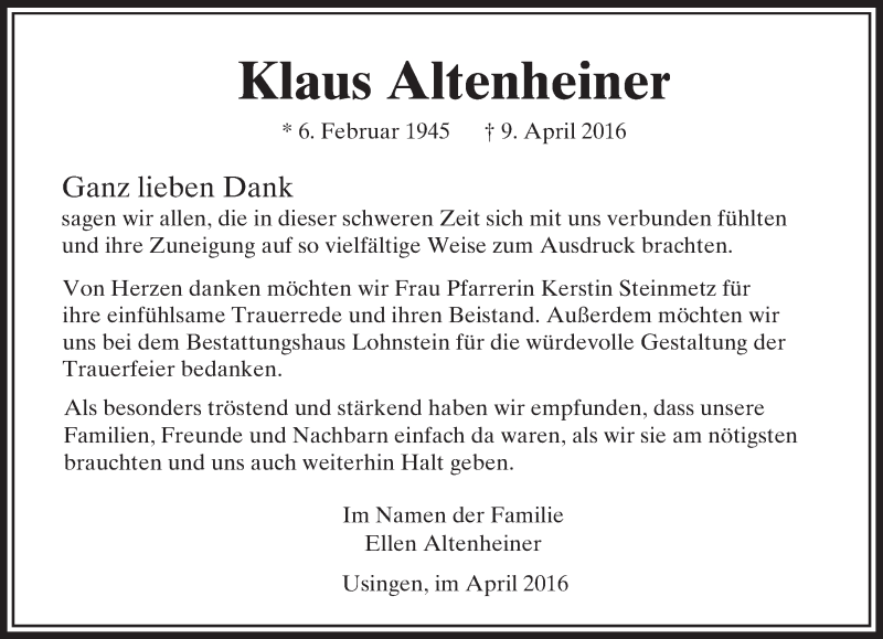  Traueranzeige für Klaus Altenheiner vom 30.04.2016 aus  Usinger Anzeiger