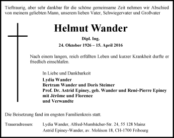 Traueranzeige von Helmut Wander von  Allgemeine Zeitung Mainz