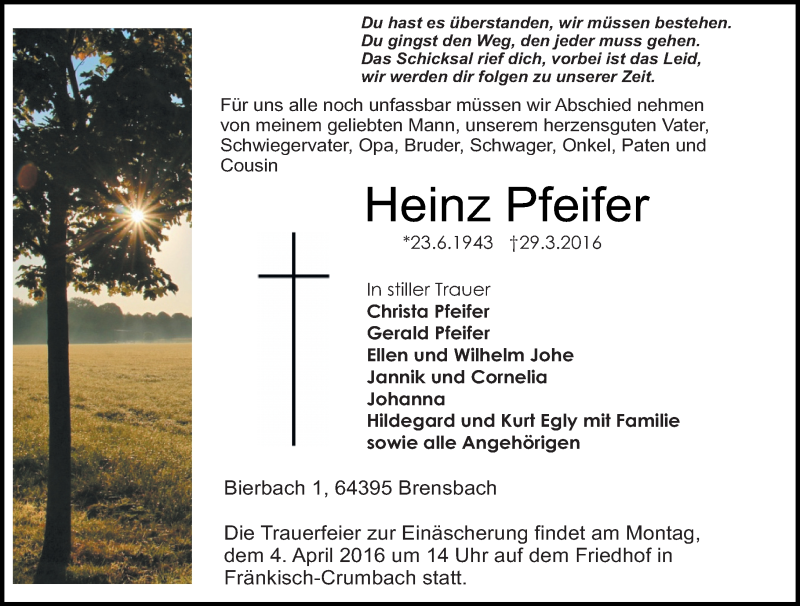  Traueranzeige für Heinz Pfeifer vom 02.04.2016 aus trauer.echo-online.de
