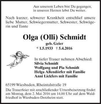 Traueranzeige von Olaga Schmidt von  Wiesbaden komplett