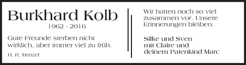  Traueranzeige für Burkhard Kolb vom 26.04.2016 aus Darmstädter Echo