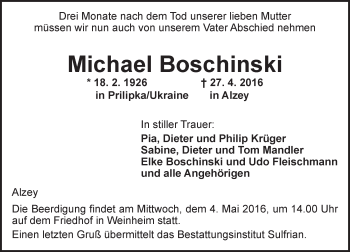 Traueranzeige von Michael Boschinski von  Allgemeine Zeitung Alzey