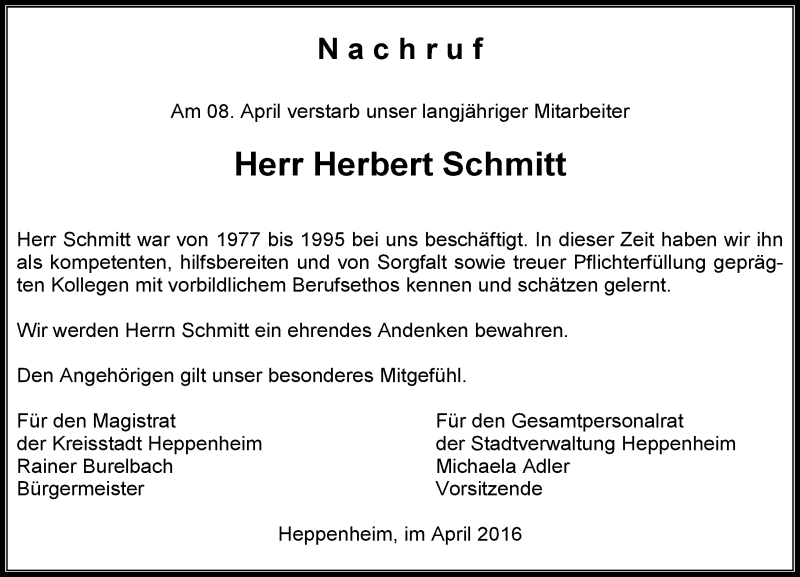  Traueranzeige für Herbert Schmitt vom 19.04.2016 aus trauer.echo-online.de