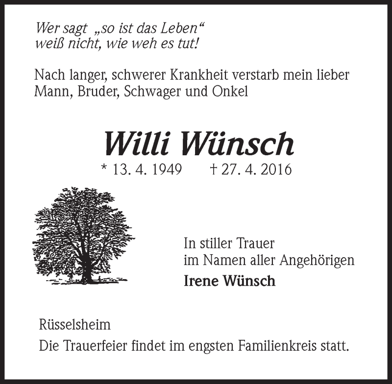  Traueranzeige für Willi Wünsch vom 30.04.2016 aus  Mainspitze