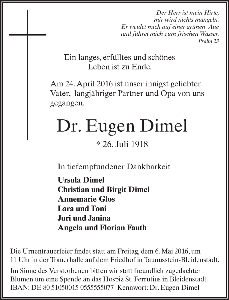  Traueranzeige für Eugen Dimel vom 29.04.2016 aus  Wiesbaden komplett