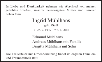 Traueranzeige von Ingrid Mühlhans von trauer.echo-online.de