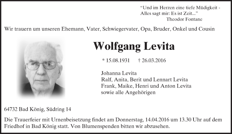  Traueranzeige für Wolfgang Levita vom 09.04.2016 aus trauer.echo-online.de