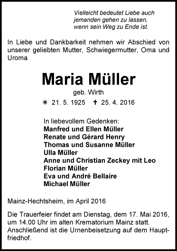  Traueranzeige für Maria Müller vom 30.04.2016 aus  Allgemeine Zeitung Mainz