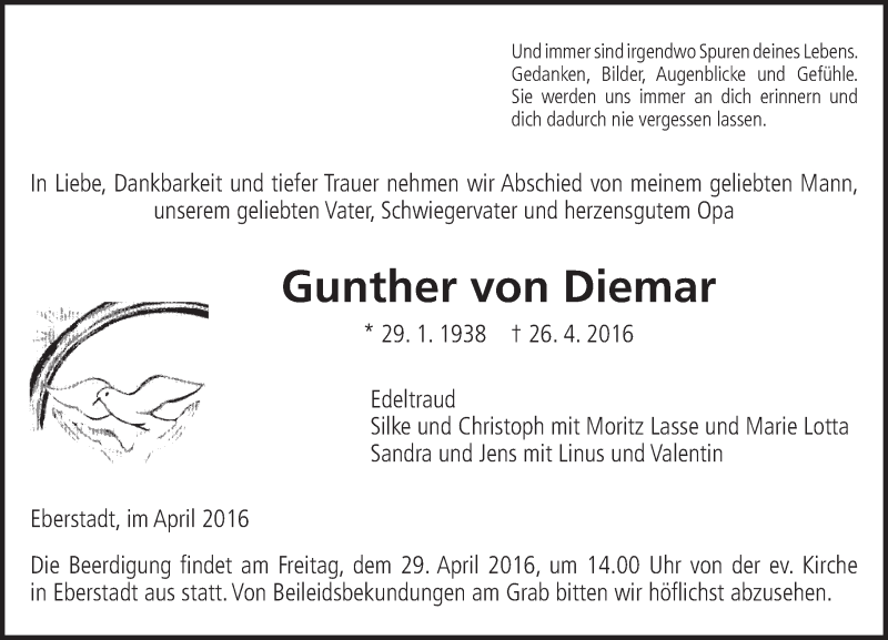  Traueranzeige für Gunther von Diemar vom 28.04.2016 aus  Gießener Anzeiger