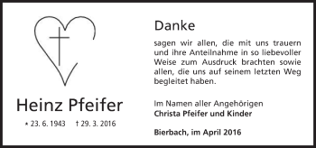 Traueranzeige von Heinz Pfeifer von Trauerportal Echo Online