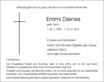 Traueranzeige von Emmi Dienes von VRM Trauer