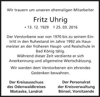Traueranzeige von Fritz Uhrig von trauer.echo-online.de