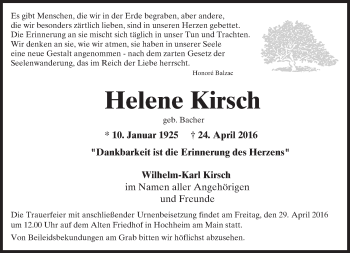 Traueranzeige von Helene Kirsch von  Hochheimer Zeitung