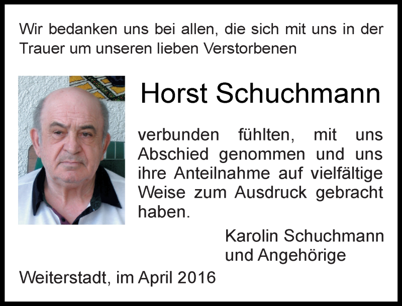  Traueranzeige für Horst Schuchmann vom 02.04.2016 aus trauer.echo-online.de