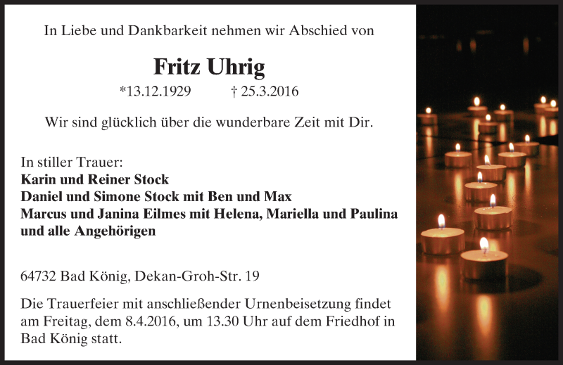  Traueranzeige für Fritz Uhrig vom 05.04.2016 aus trauer.echo-online.de