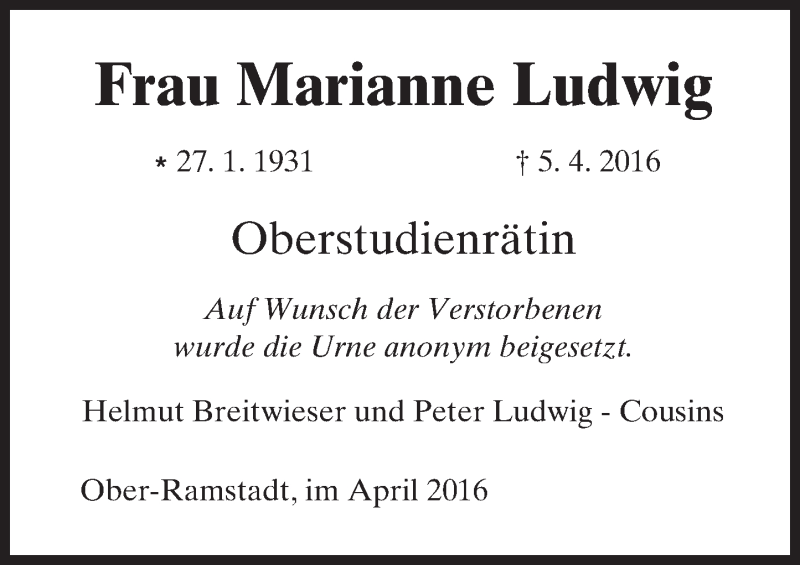  Traueranzeige für Marianne Ludwig vom 20.04.2016 aus trauer.echo-online.de