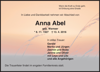 Traueranzeige von Anna Abel von trauer.echo-online.de