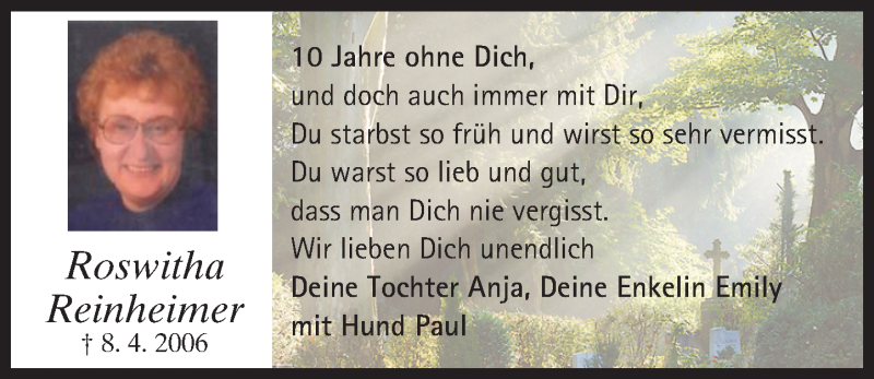  Traueranzeige für Roswitha Reinheimer vom 09.04.2016 aus trauer.echo-online.de