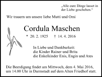 Traueranzeige von Cordula Maschen von Trauerportal Echo Online