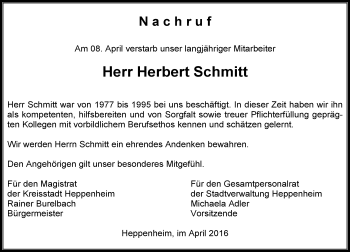 Traueranzeige von Herbert Schmitt von trauer.echo-online.de