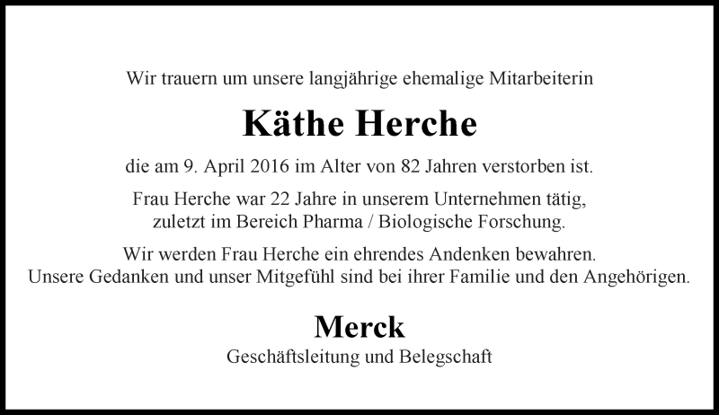  Traueranzeige für Käthe Herche vom 29.04.2016 aus Trauerportal Echo Online