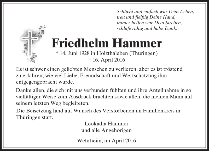  Traueranzeige für Friedhelm Hammer vom 30.04.2016 aus  Usinger Anzeiger