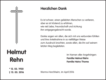 Traueranzeige von Helmut Rehn von  Wormser Zeitung