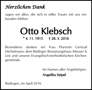 Traueranzeige von Otto Klebsch von  Kreisanzeiger