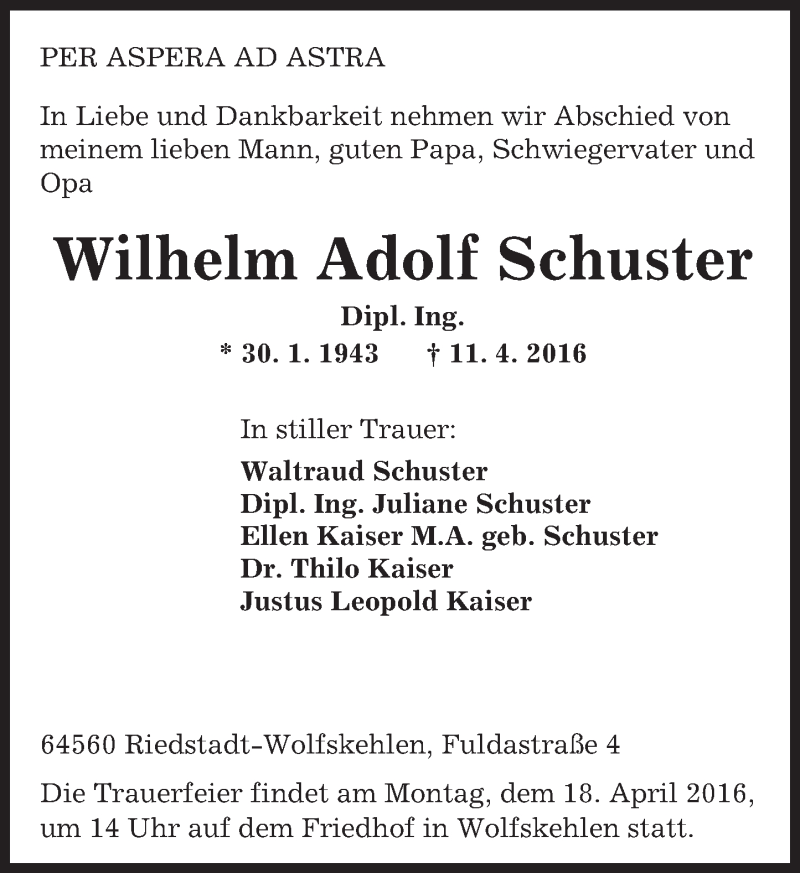  Traueranzeige für Wilhelm Adolf Schuster vom 13.04.2016 aus trauer.echo-online.de