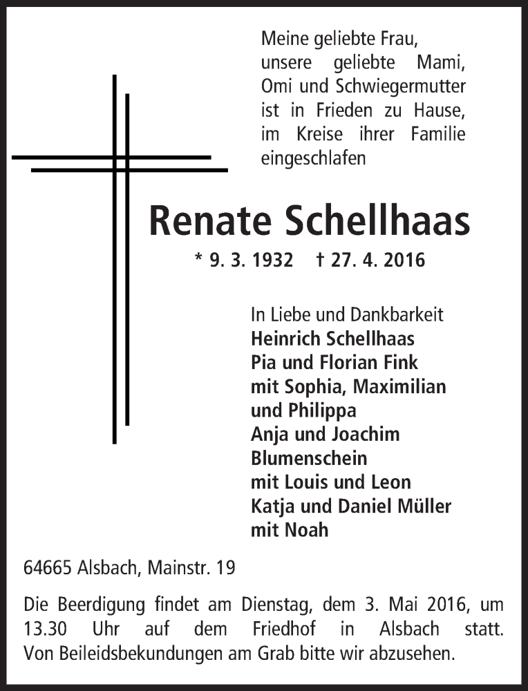  Traueranzeige für Renate Schellhaas vom 30.04.2016 aus Trauerportal Echo Online