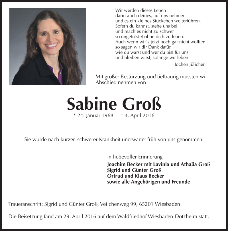  Traueranzeige für Sabine Groß vom 30.04.2016 aus  Wiesbaden komplett