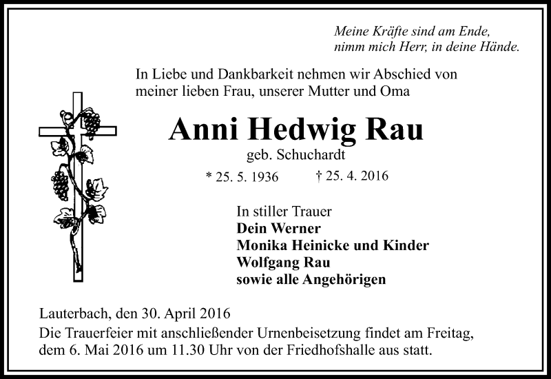  Traueranzeige für Anni Hedwig Rau vom 30.04.2016 aus VRM Trauer