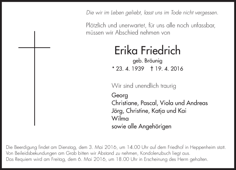  Traueranzeige für Erika Friedrich vom 29.04.2016 aus Trauerportal Echo Online