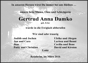 Traueranzeige von Gertrud Anna Damko von trauer.echo-online.de