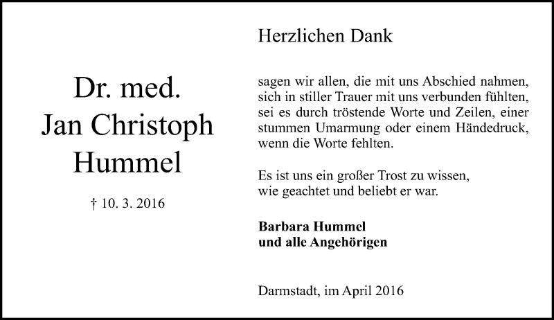  Traueranzeige für Jan Christoph Hummel vom 09.04.2016 aus trauer.echo-online.de