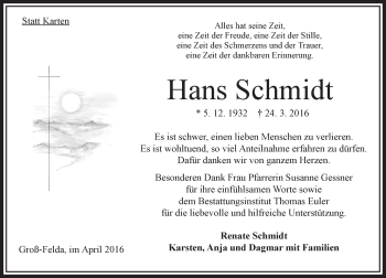 Traueranzeige von Hans Schmidt von VRM Trauer