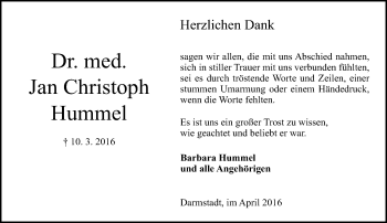 Traueranzeige von Jan Christoph Hummel von trauer.echo-online.de