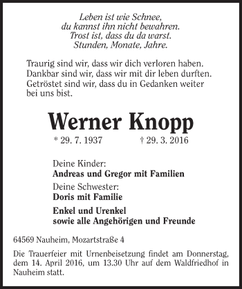 Traueranzeige von Werner Knopp von trauer.echo-online.de