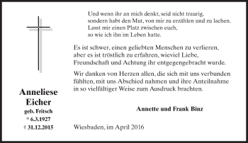 Traueranzeige von Anneliese Eicher von  Wiesbaden komplett