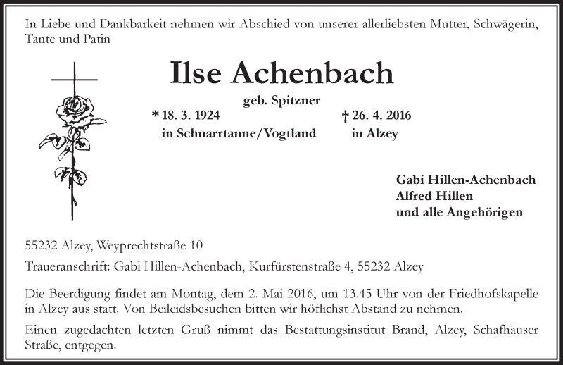  Traueranzeige für Ilse Achenbach vom 27.04.2016 aus  Allgemeine Zeitung Alzey