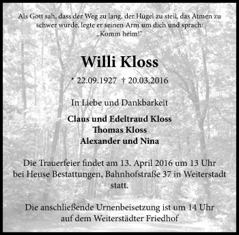 Traueranzeige von Willi Kloss von trauer.echo-online.de