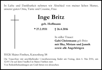 Traueranzeige von Inge Britz von  Allgemeine Zeitung Mainz