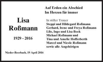 Traueranzeige von Lisa Roßmann von trauer.echo-online.de