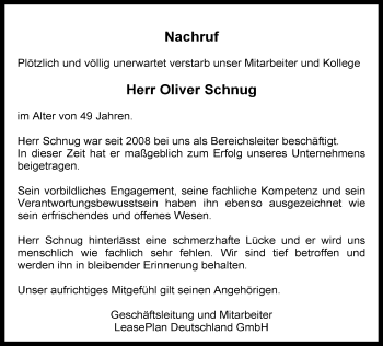Traueranzeige von Oliver Schnug von  Allgemeine Zeitung Alzey