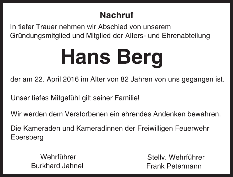  Traueranzeige für Hans Berg vom 29.04.2016 aus Trauerportal Echo Online