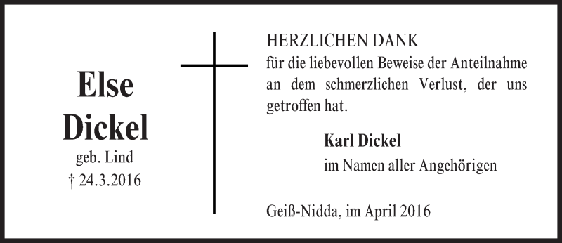  Traueranzeige für Else Dickel vom 30.04.2016 aus  Kreisanzeiger