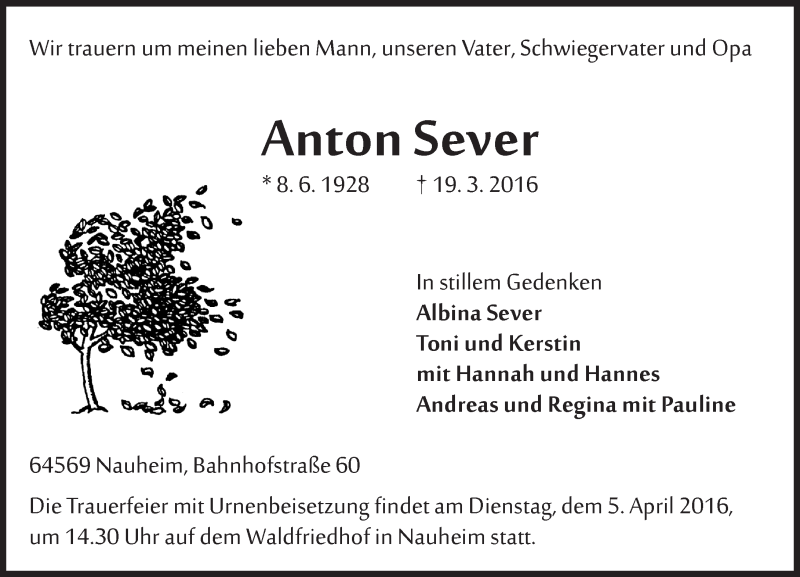  Traueranzeige für Anton Sever vom 02.04.2016 aus trauer.echo-online.de