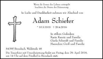 Traueranzeige von Adam Schiefer von Trauerportal Echo Online