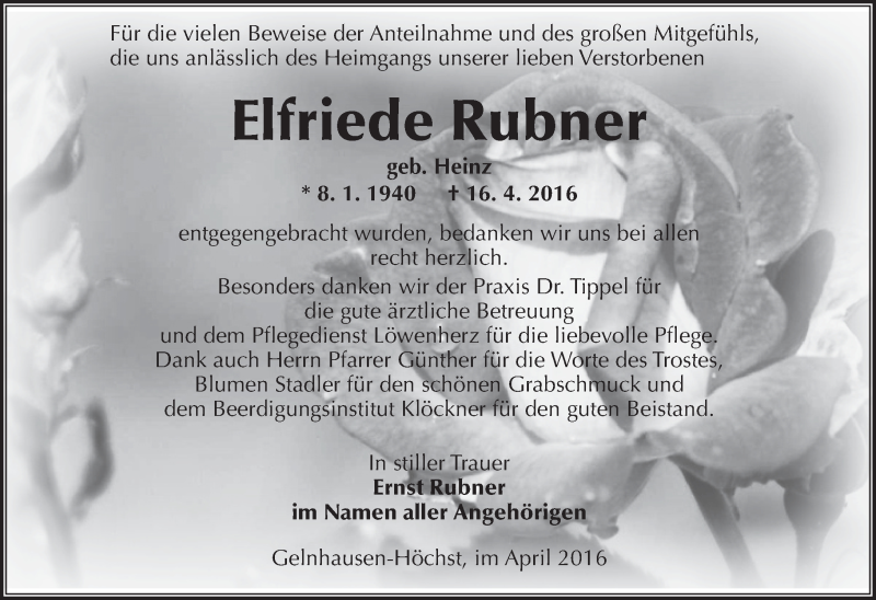  Traueranzeige für Elfriede Rubner vom 30.04.2016 aus  Gelnhäuser Tageblatt